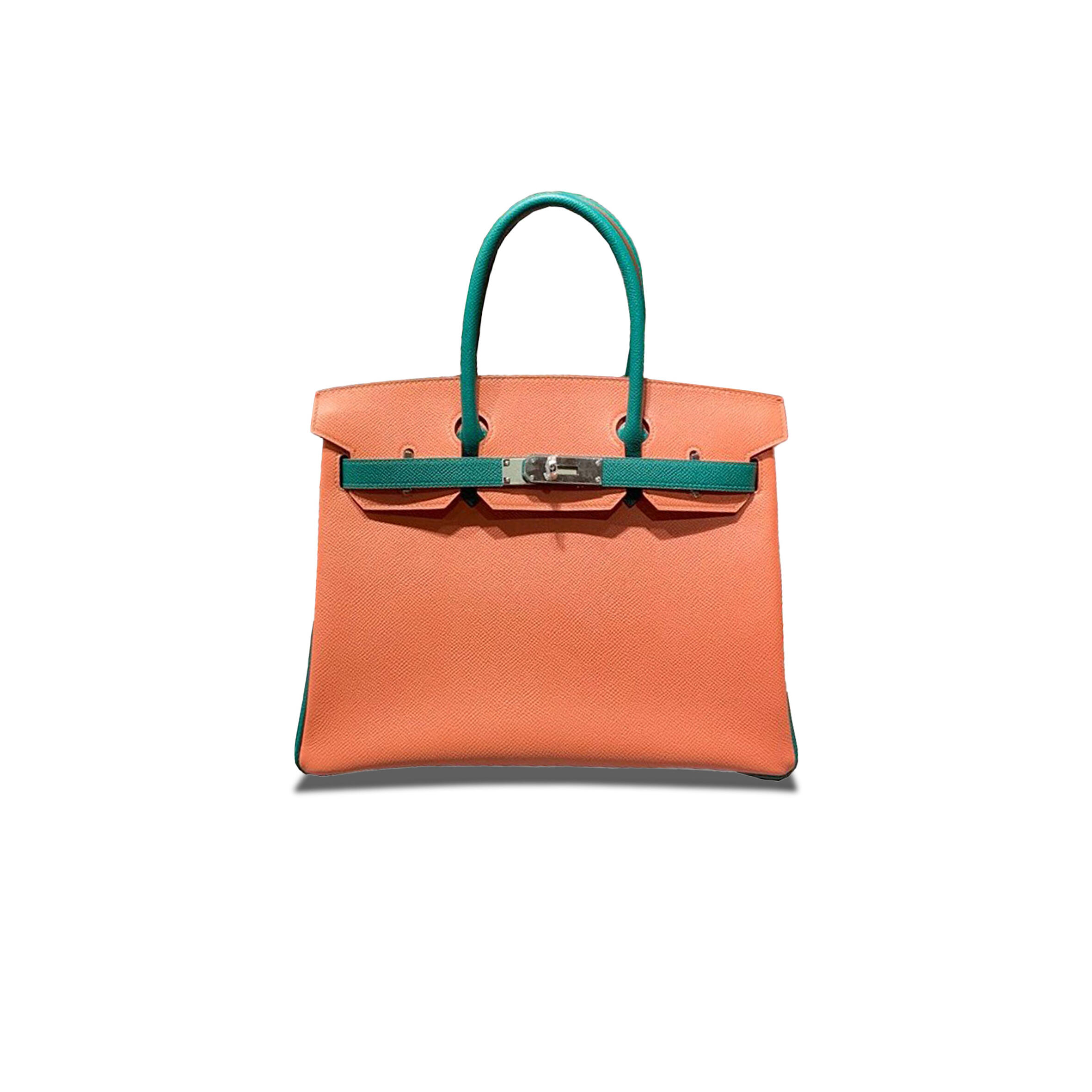 H**me5 BIRKIN 30 EPSOM LOBSTER PINK AND PEACOCK GREEN SILVER BUCKLE BAG H028369CK70 (30*23*15cm) Master Quality